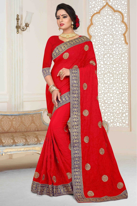 Red Colour Georgette Embroidered Saree