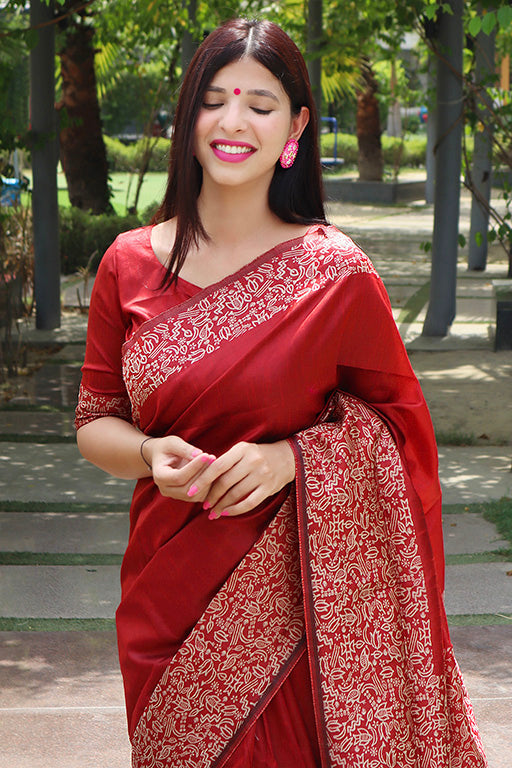 Red Colour Handloom Raw Silk Traditional Saree