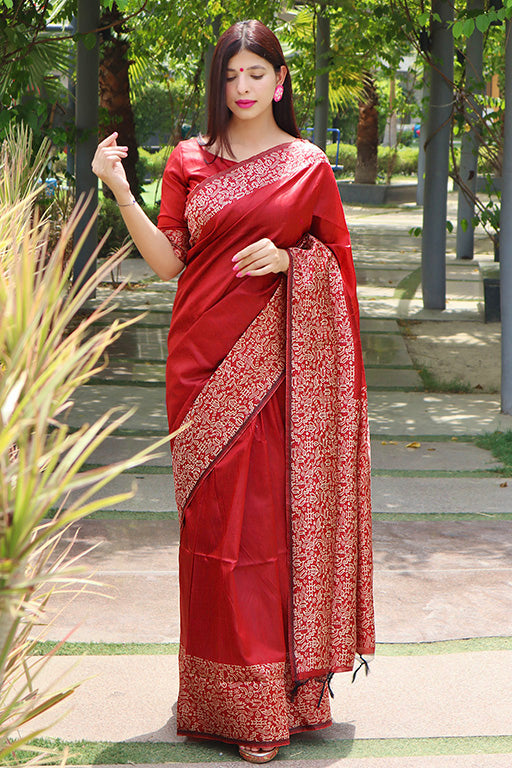 Red Colour Handloom Raw Silk Traditional Saree