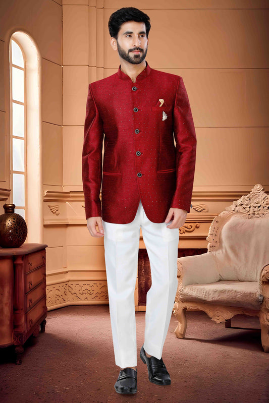 Red Colour Jodhpuri In Jacquard Fabric