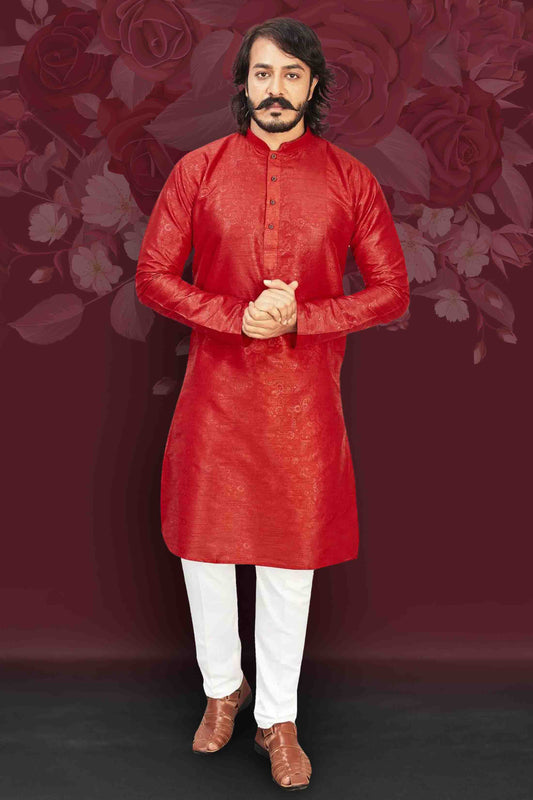 Red Colour Kurta Pajama In Art Silk
