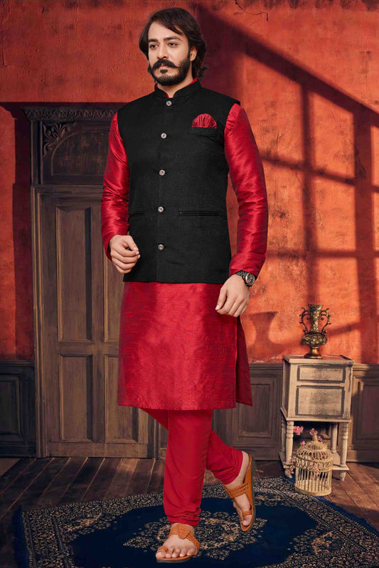 Red Colour Kurta Pajama With Jacket In Art Silk