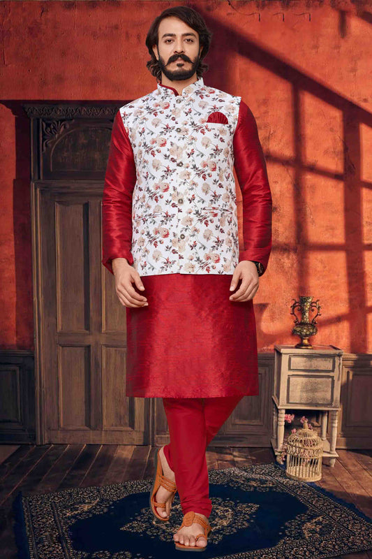 Red Colour Kurta Pajama With Jacket In Art Silk