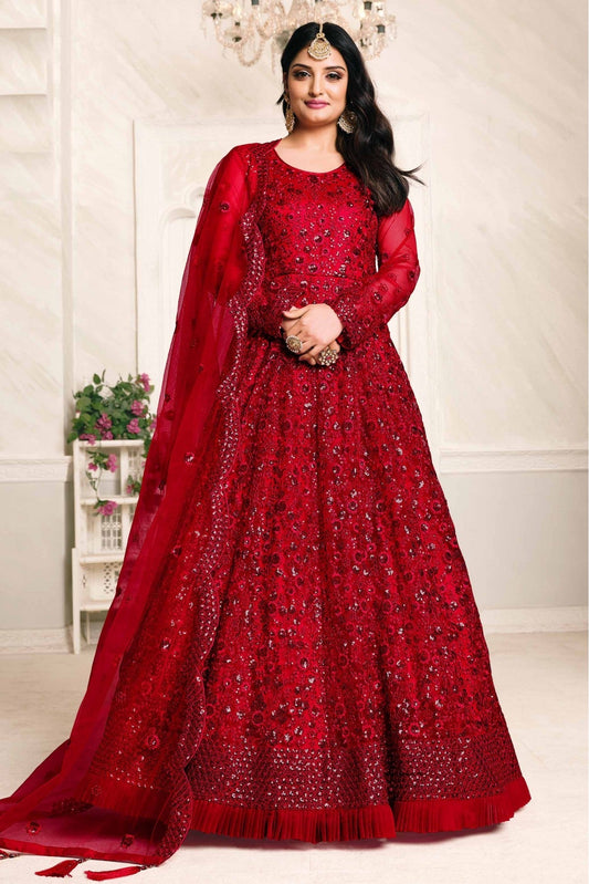 Red Colour Net Anarkali Suit