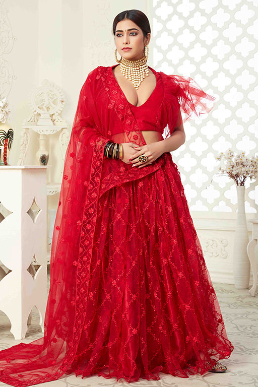 Red Colour Net Designer Lehenga Choli
