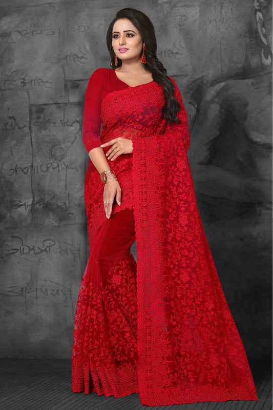 Red Colour Net Designer Saree