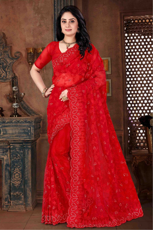 Red Colour Net Embroidery Saree