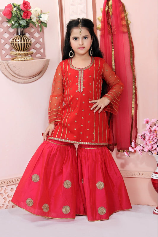 Red Colour Net Embroidery Sharara Suit