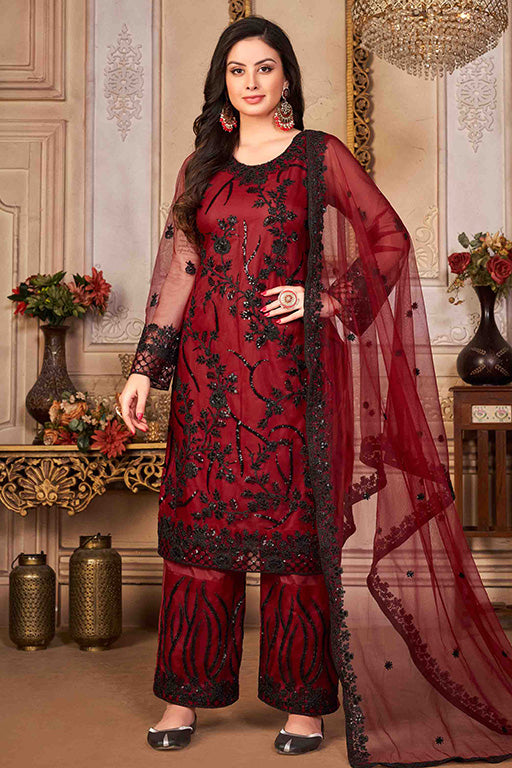Red Colour Net Semi Stitched Palazzo Pant Suit