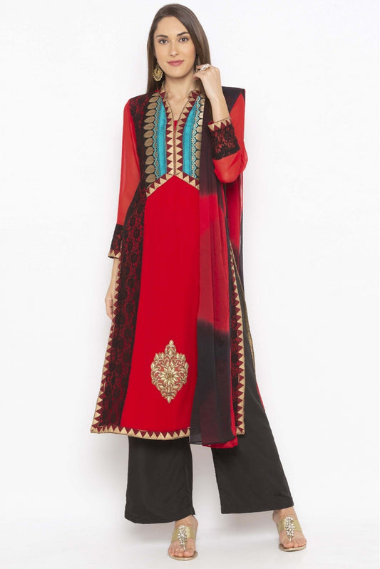 Red Colour Plus Size Georgette Embroidery Palazzo Pant Suit