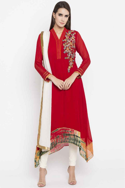 Red Colour Plus Size Stitched Faux Georgette Embroidery Churidar Suit