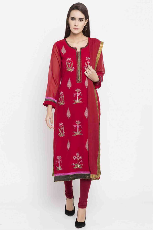 Red Colour Plus Size Stitched Faux Georgette Embroidery Churidar Suit