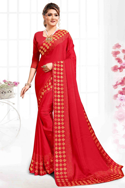 Red Colour Pure Satin Designer Saree