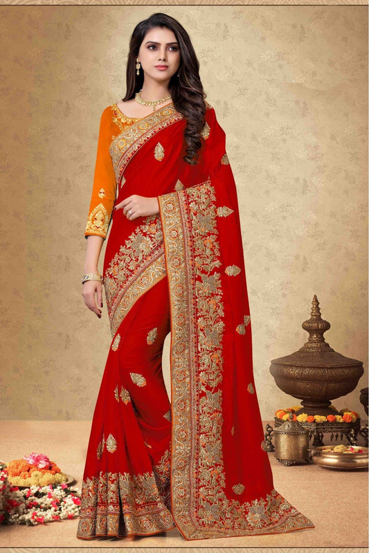 Red Colour Satin Georgette Embroidery Saree