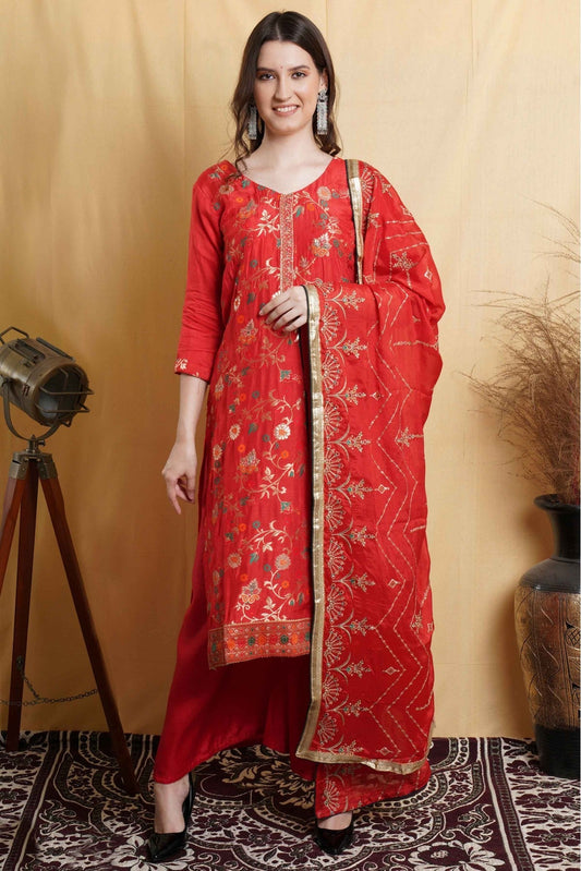 Red Colour Silk Blend Woven Palazzo Pant Suit