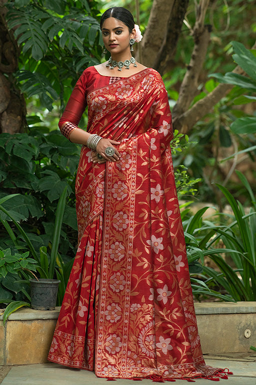 Red Colour Tussar Silk Traditional Saree