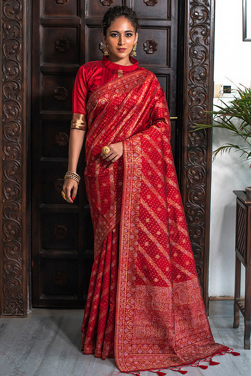 Red Colour Tussar Silk Traditional Saree