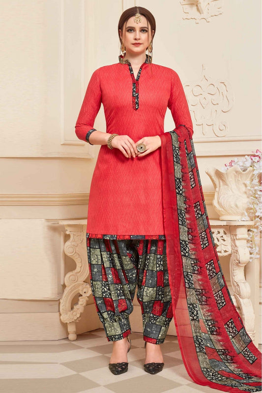 Red Colour Unstitched Cotton Printed Patiala Suit