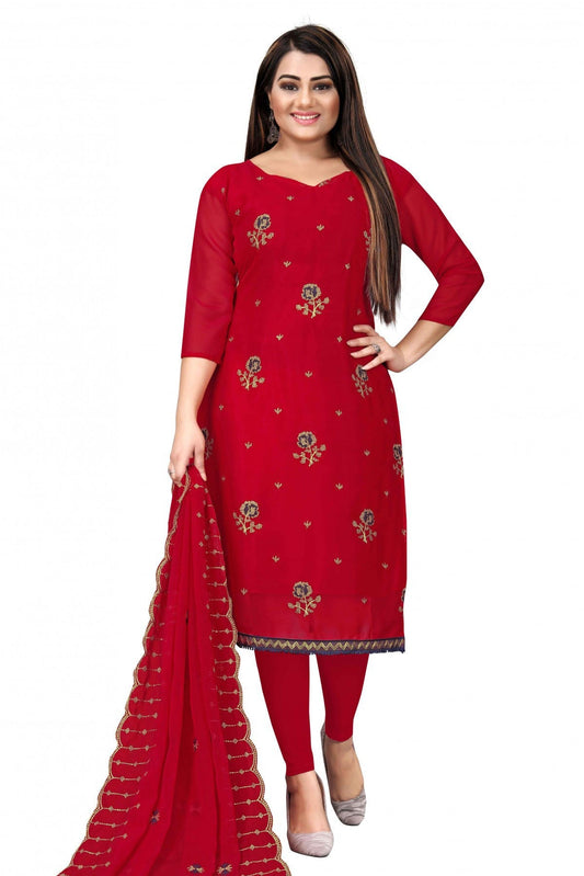 Red Colour Unstitched Georgette Thread Work Churidar Suit