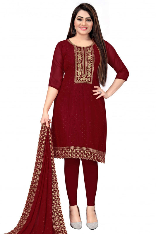 Red Colour Unstitched Georgette Zari Work Churidar Suit