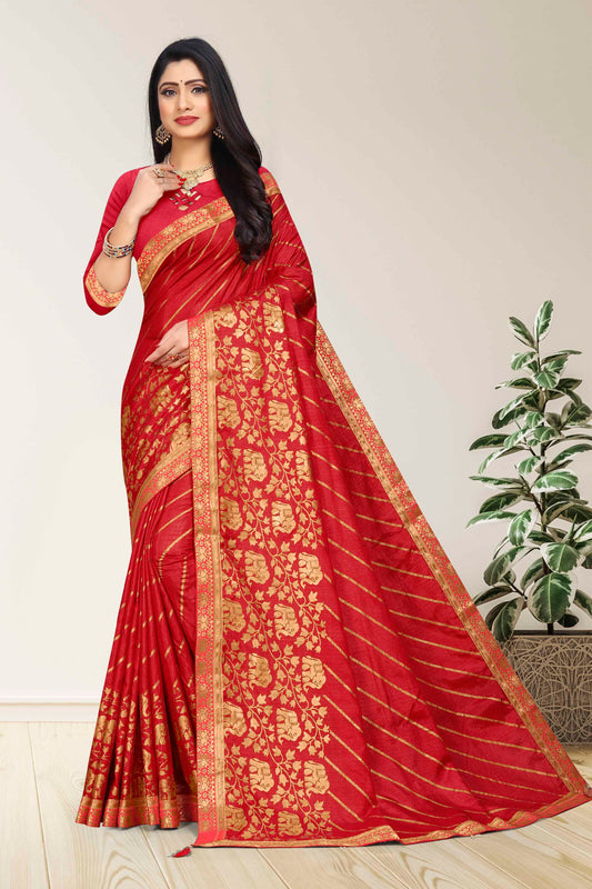 Red Colour Vichitra Silk Saree In Lace Work