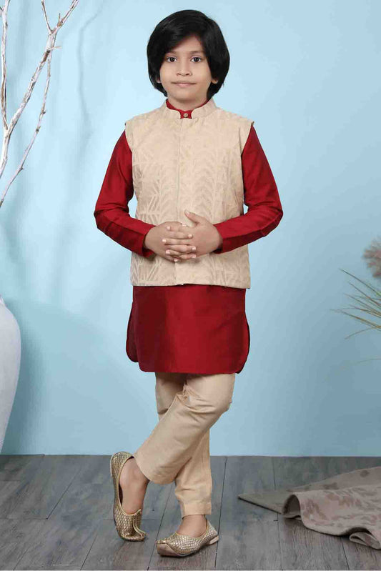 Red and Beige Colour Cotton Silk Kurta Pajama With Jacket