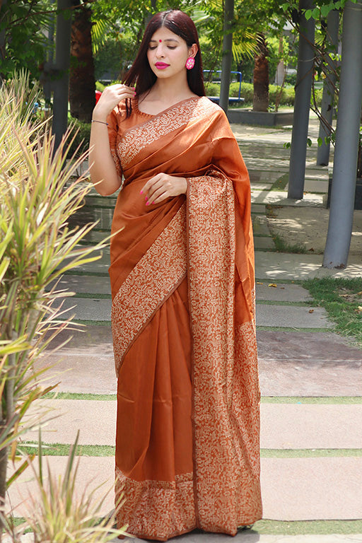 Rust Orange Colour Handloom Raw Silk Traditional Saree
