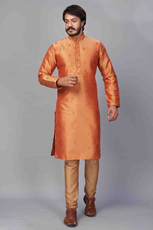 Rust Orange Colour Kurta Pajama In Jacquard Silk
