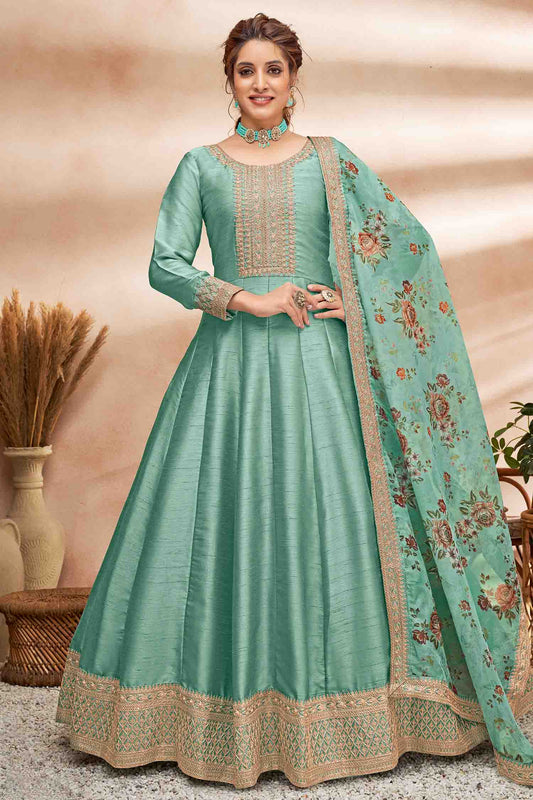 Sea Green Colour Art Silk Semi Stitched Anarkali Suit