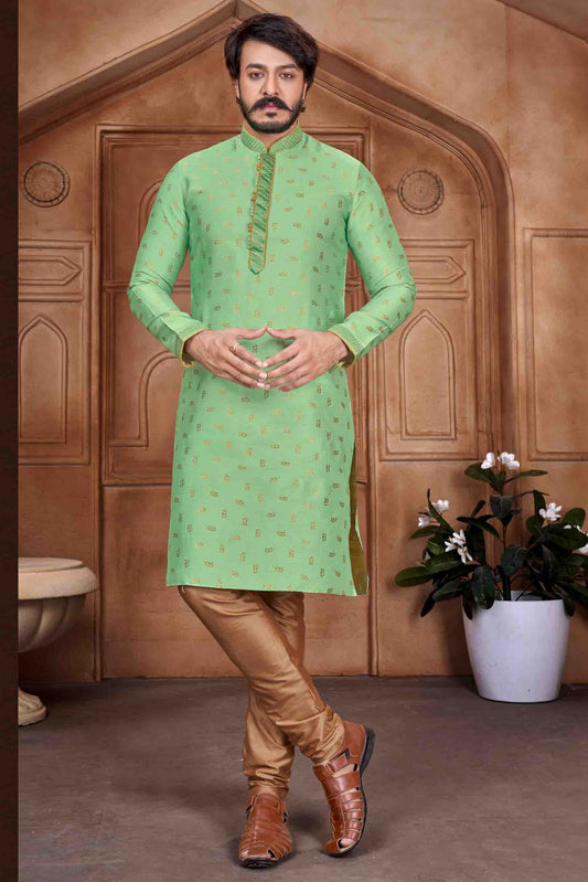 Sea Green Colour Kurta Pajama In Jacquard Silk