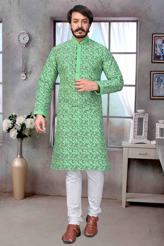 Sea Green Colour Kurta Pajama In Jacquard Silk