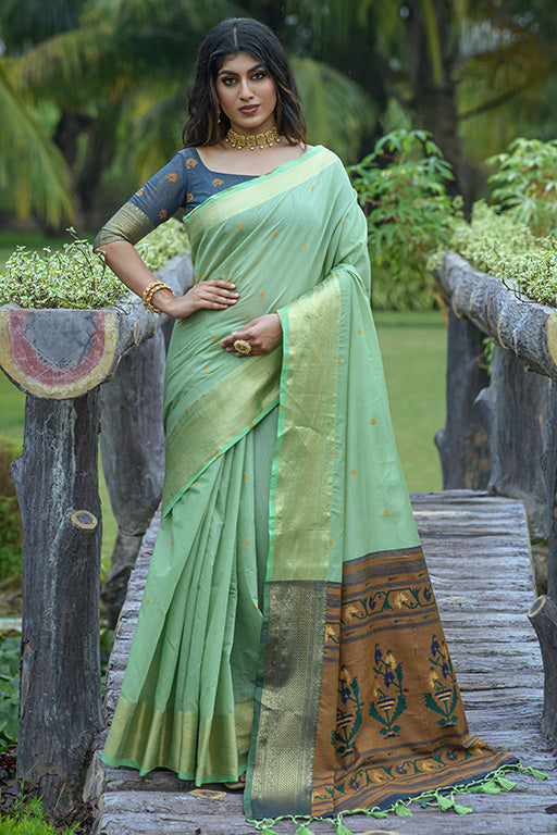 Sea Green Colour Linen Traditional Saree