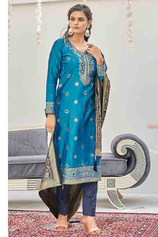 Sky Blue Colour Banarasi Jacquard Unstitched Pant Style Suit