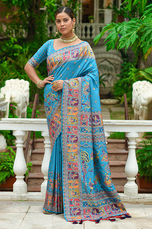 Sky Blue Colour Banarasi Silk Traditional Saree