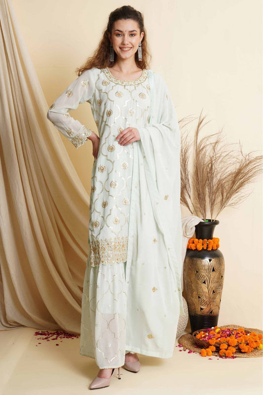 Sky Blue Colour Georgette Embroidery Palazzo Pant Suit