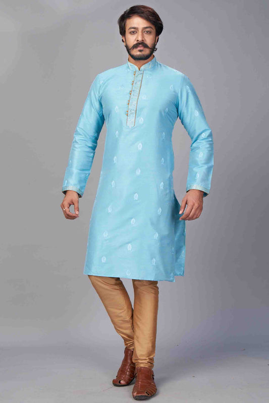 Sky Blue Colour Kurta Pajama In Jacquard Silk