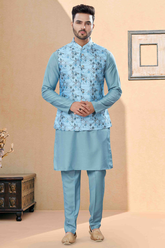 Sky Blue Colour Kurta Pajama With Jacket In Silk Dupion Fabric