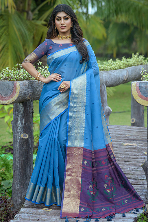 Sky Blue Colour Linen Traditional Saree