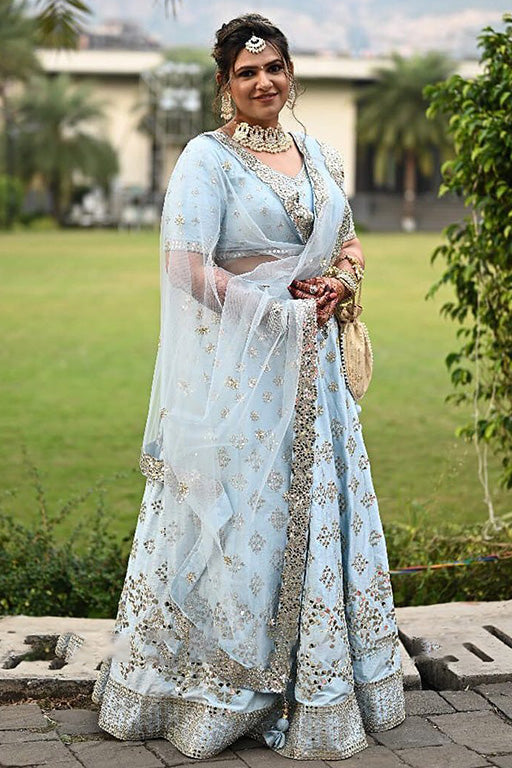 Sky Blue Colour Malai Satin Silk Designer Lehenga Choli