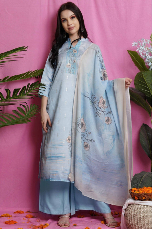 Sky Blue Colour Satin Embroidery Palazzo Pant Suit