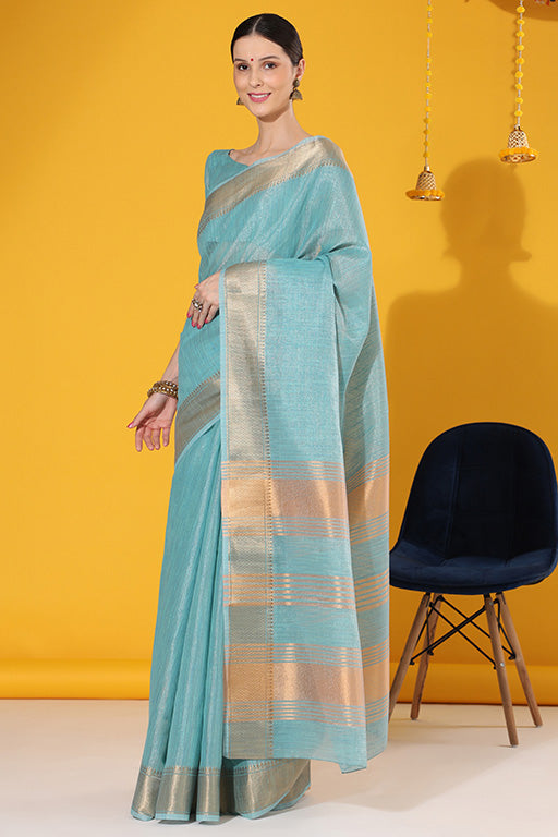 Sky Blue Colour Tissue Linen Traditional Saree