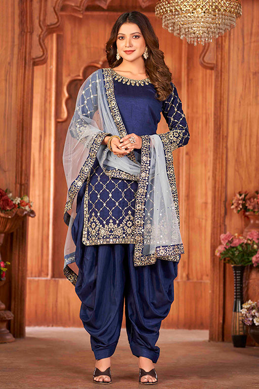 Teal Blue Colour Art Silk Semi Stitched Patiala Suit