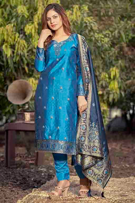 Teal Blue Colour Banarasi Jacquard Unstitched Pant Style Suit