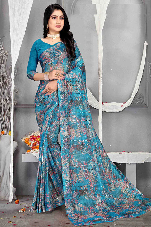 Teal Blue Colour Soft Net Designer Saree