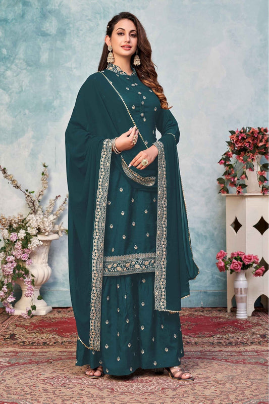 Teal and Blue Colour Art Silk Palazzo Pant Suit