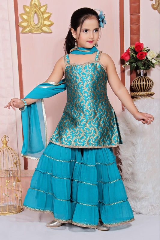 Teal and Blue Colour Jacquard Embroidery Sharara Suit