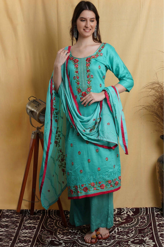 Teal and Green Colour Cotton Thread Work Palazzo Pant Suit