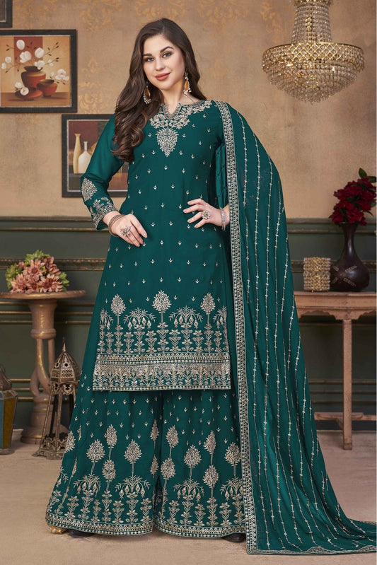 Teal and Green Colour Faux Georgette Palazzo Pant Suit