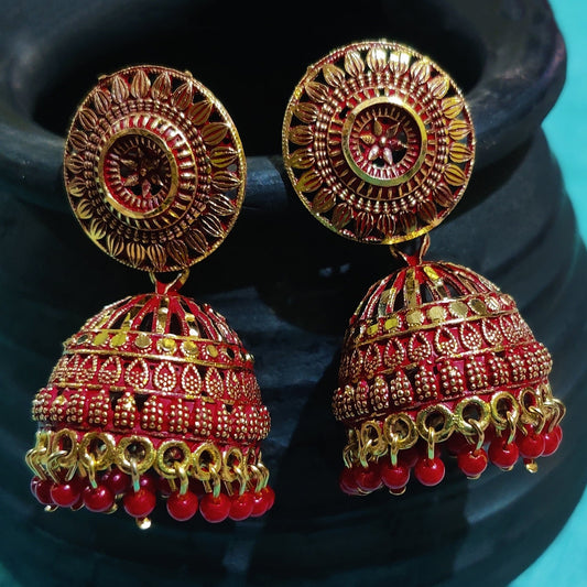 Vastradi Alloy Golden Traditional Jhumka in Red Colour