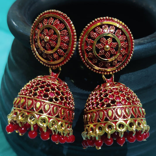 Vastradi Alloy Golden Traditional Jhumka in Red Colour